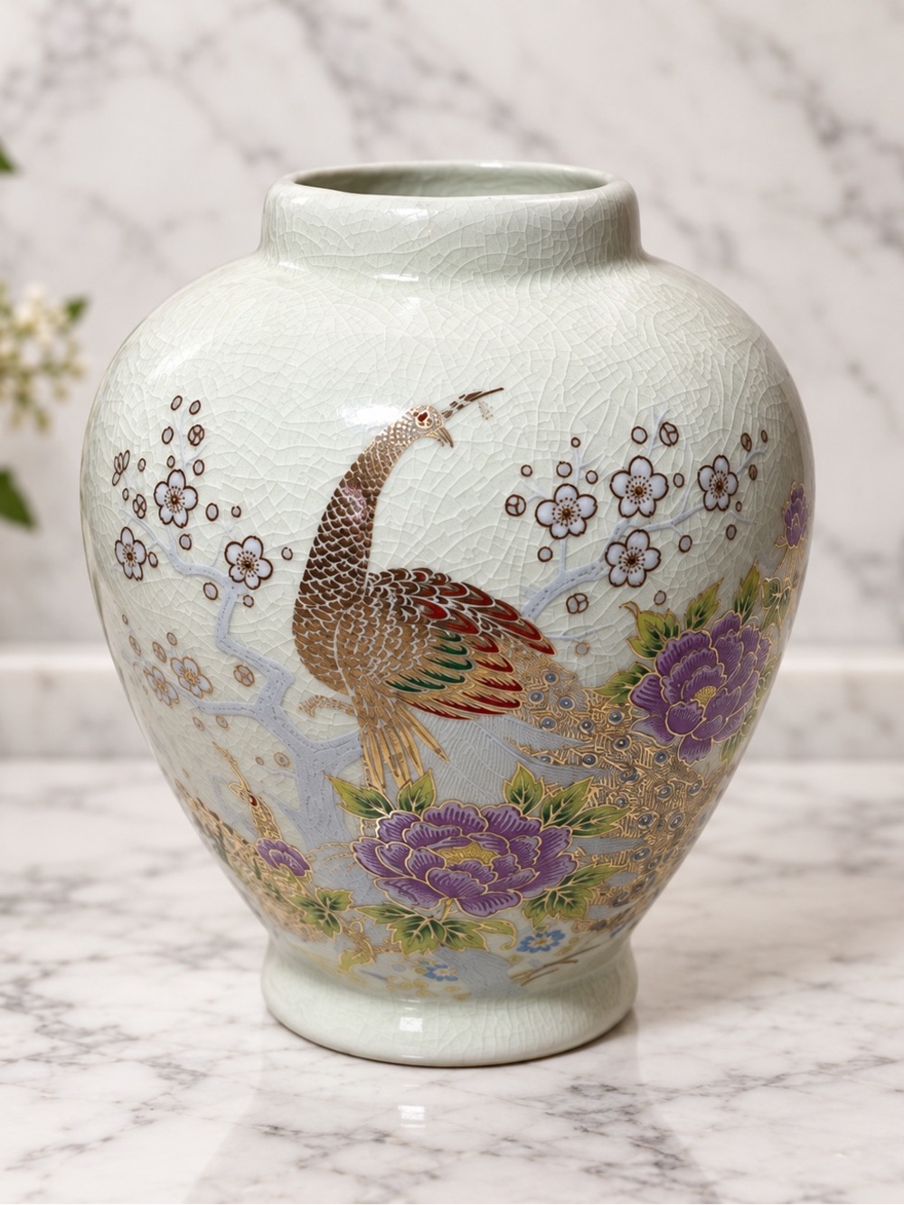 Imperial Japan Ceramic Vase Peacock Floral Crackle Glaze Asian Decor